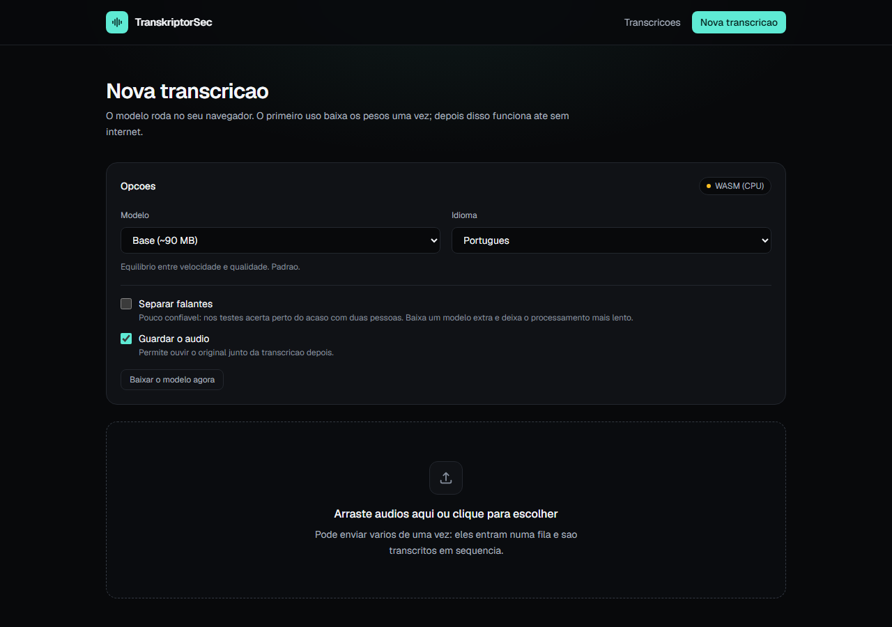 Tela do projeto TranskriptorSec